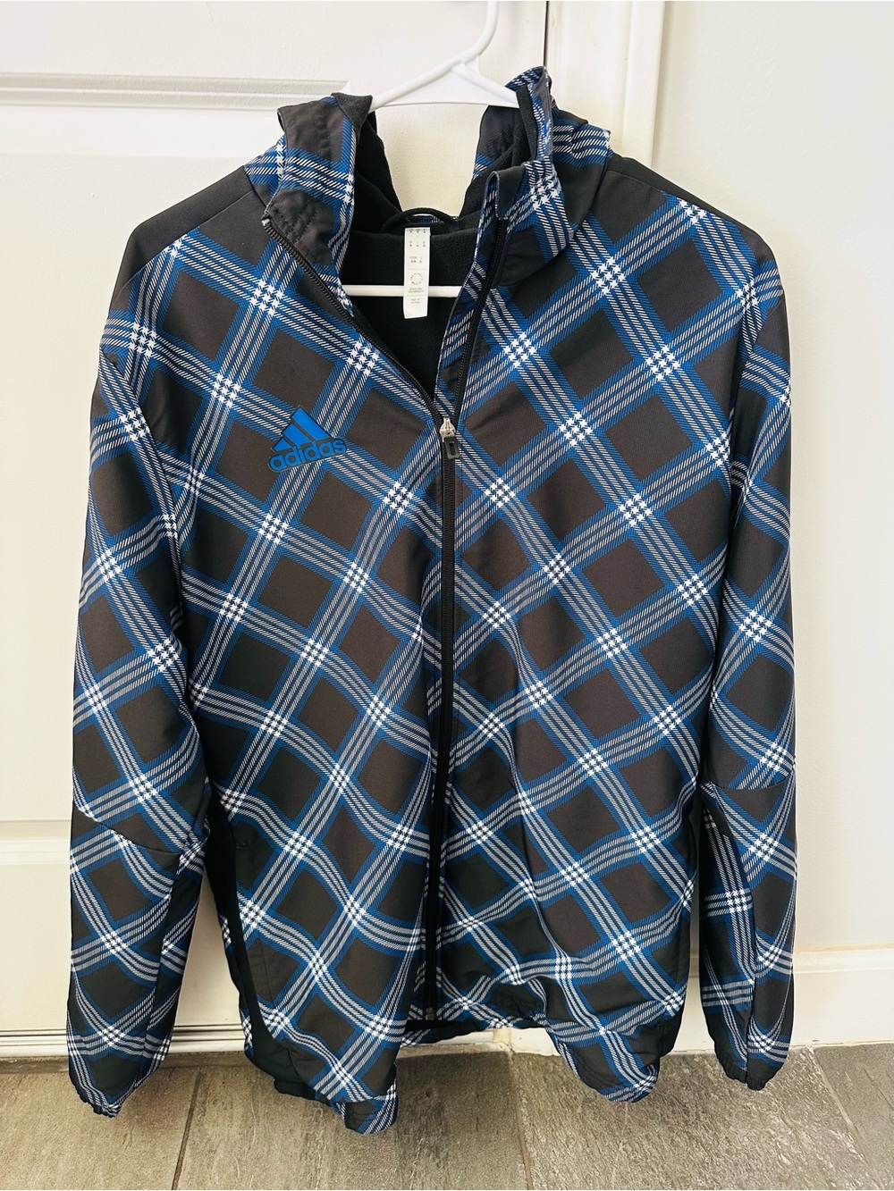 adidas Black Windbreaker Jacket with Blue Plaid